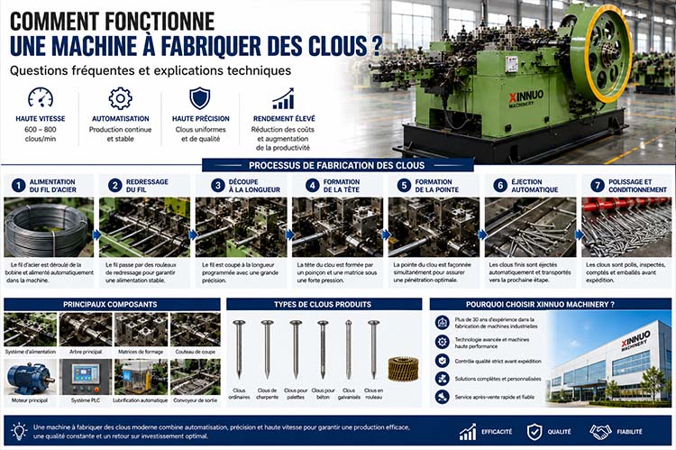 Infographie expliquant le fonctionnement d'une machine &agrave; fabriquer des clous haute vitesse et son processus de fabrication automatique