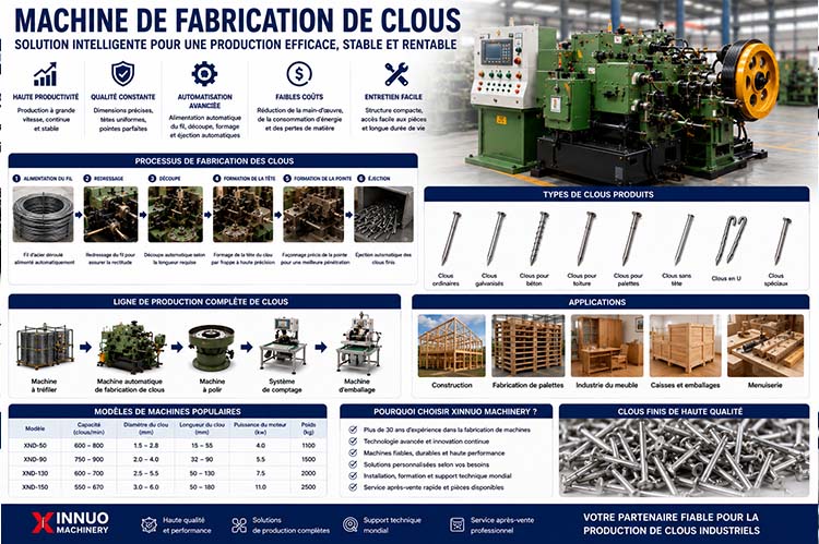 Infographie présentant une machine de fabrication de clous, le processus complet de production, une ligne de fabrication automatisée, les différents types de clous et leurs applications industrielles