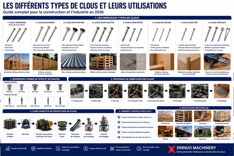 Infographie présentant les différents types de clous, leurs utilisations, les formes de têtes et de pointes, le processus de fabrication et une ligne de production industrielle de clous