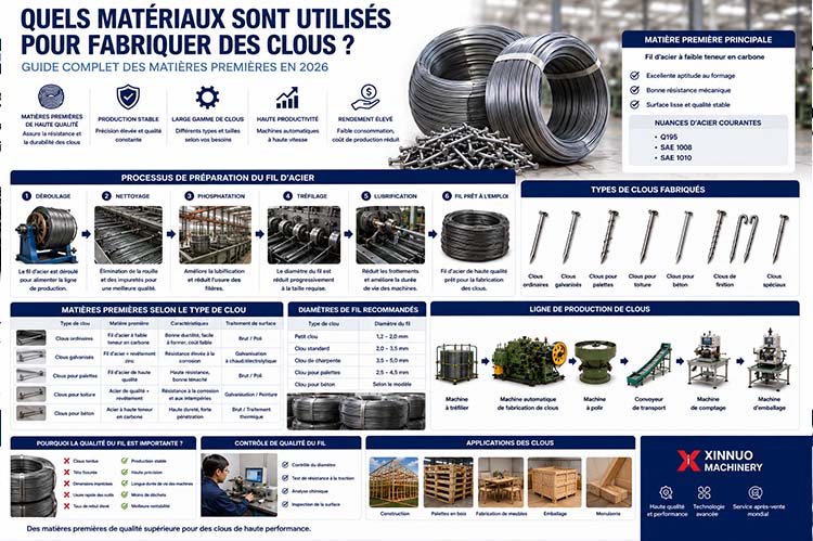 Infographie présentant les principales matières premières utilisées pour fabriquer des clous, le fil d'acier, le processus de tréfilage, une machine automatique de fabrication de clous et une ligne de production industrielle