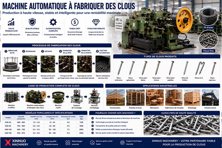 Infographie présentant une machine automatique à fabriquer des clous, le processus complet de fabrication à partir de fil d'acier, une ligne de production automatisée, les différents types de clous et leurs applications industrielles