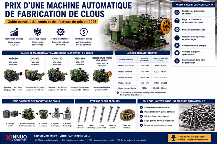 Infographie pr&eacute;sentant le prix d'une machine automatique de fabrication de clous, les facteurs de co&ucirc;t, la capacit&eacute; de production et le retour sur investissement