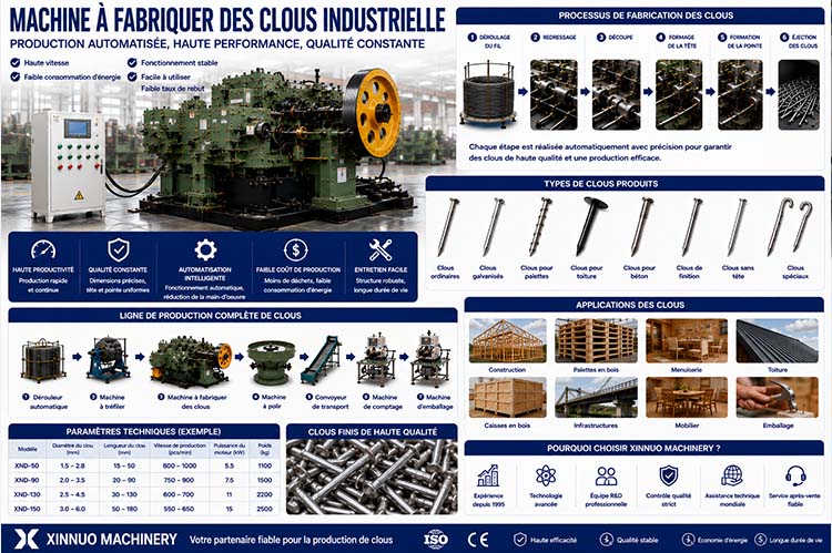 Infographie présentant une machine à fabriquer des clous industrielle, une ligne de production automatique, le processus complet de fabrication des clous, les différents types de clous et leurs applications dans la construction et l'industrie