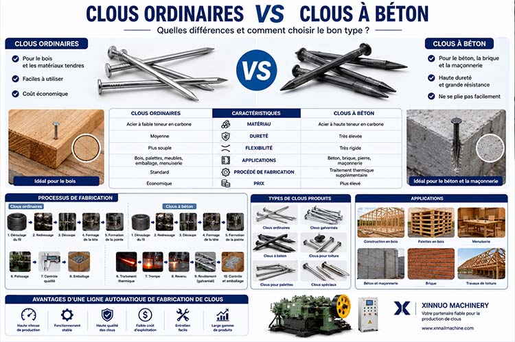 Infographie comparant les clous ordinaires et les clous à béton, présentant leurs différences, leurs matériaux, leurs applications, leur processus de fabrication et une ligne automatique de production de clous