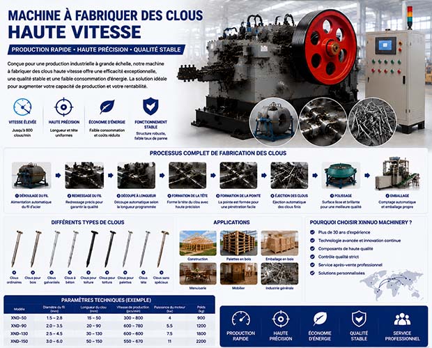 Infographie présentant une machine à fabriquer des clous haute vitesse automatique, une ligne complète de production de clous avec déroulage du fil d'acier, redressage, découpe, formation de la tête, formation de la pointe, polissage et emballage industriel
