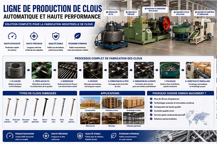 Infographie présentant une ligne de production de clous automatique comprenant une machine à tréfiler, une machine de fabrication de clous, une machine à polir, un système de comptage et d'emballage, illustrant le processus complet de fabrication de clous en fil d'acier pour une production industrielle efficace