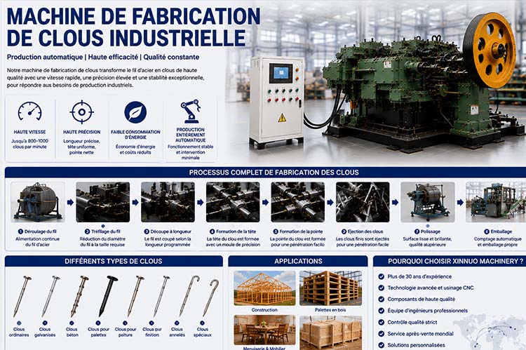 Infographie présentant une machine de fabrication de clous industrielle automatique, une ligne complète de production de clous, les étapes de fabrication du fil d'acier, les différents types de clous, les applications industrielles et les avantages de Xinnuo Machinery