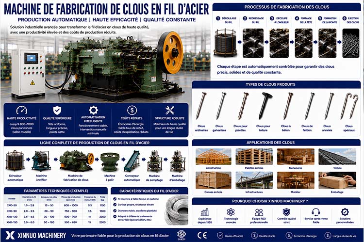 Infographie présentant une machine de fabrication de clous en fil d'acier, une ligne complète de production automatisée, le processus de fabrication des clous, les principaux équipements industriels et les applications dans la construction, les palettes en bois et le mobilier