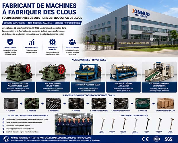 Fabricant de machines à fabriquer des clous Xinnuo présentant une usine moderne, des machines automatiques de fabrication de clous, une ligne complète de production de clous, des équipements de tréfilage, polissage et emballage pour une production industrielle professionnelle