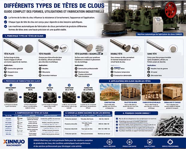 Infographie présentant les différents types de têtes de clous avec tête plate, tête fraisée, tête gaufrée, double tête et clou sans tête, ainsi que le processus de fabrication industrielle avec une machine automatique de fabrication de clous Xinnuo