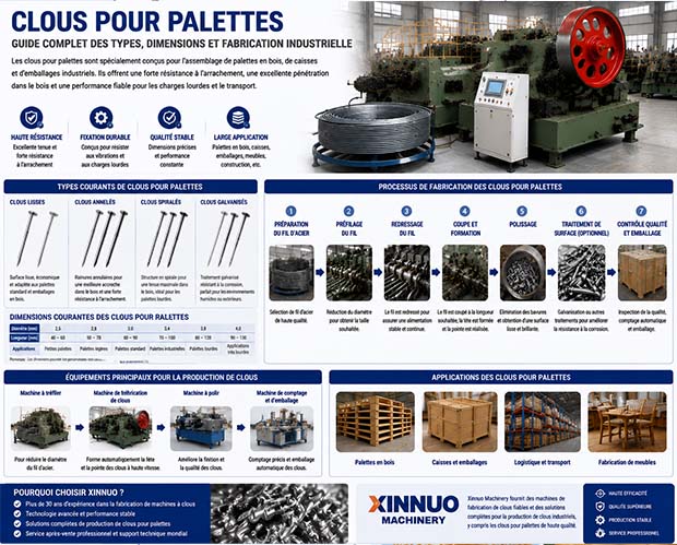 Guide complet des clous pour palettes en bois présentant les types de clous lisses, annelés, spiralés et galvanisés, les dimensions, le processus de fabrication avec une machine à fabriquer des clous et les applications industrielles