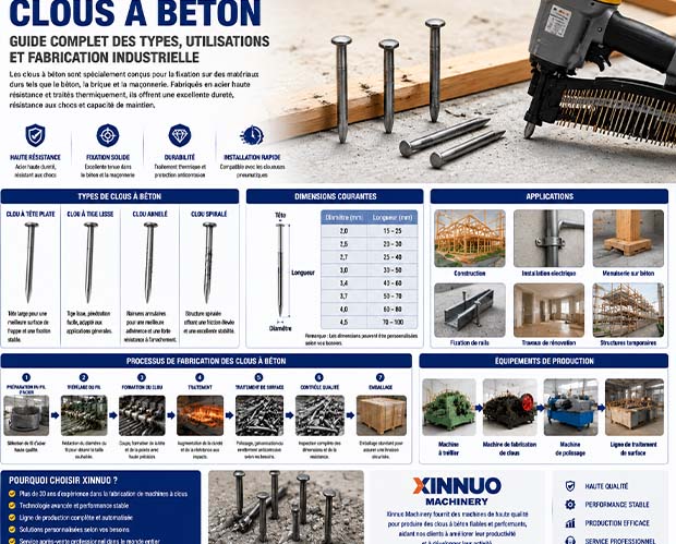 Guide complet des clous à béton présentant les types de clous à tête plate, lisses, annelés et spiralés, leurs dimensions, applications dans la construction et le processus de fabrication industrielle avec une machine de fabrication de clous