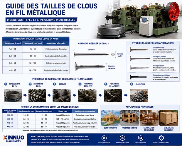 Guide des tailles de clous en fil m&eacute;tallique pr&eacute;sentant les dimensions des clous en acier, les types de clous, le processus de fabrication avec une machine &agrave; fabriquer des clous et les applications industrielles dans la construction, les palettes en bois et le mobilier