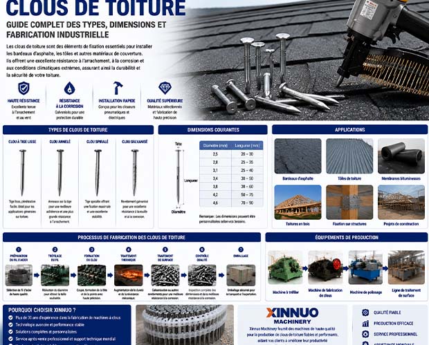 Guide complet des clous de toiture présentant les types de clous lisses, annelés, spiralés et galvanisés, leurs dimensions, applications sur les toitures et le processus de fabrication industrielle avec une machine à fabriquer des clous