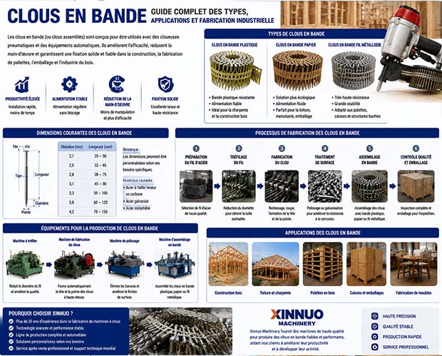 Guide complet des clous en bande présentant les types de clous assemblés en plastique, papier et fil métallique, les dimensions, le processus de fabrication industrielle avec une machine de fabrication de clous et leurs applications dans la construction, les palettes et l'industrie du bois